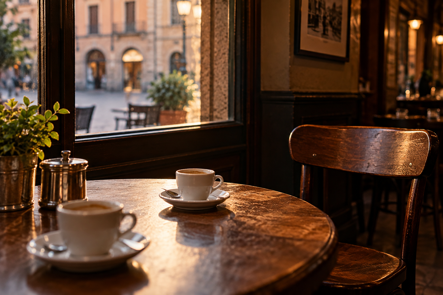 Una sedia vuota davanti a un caffè
